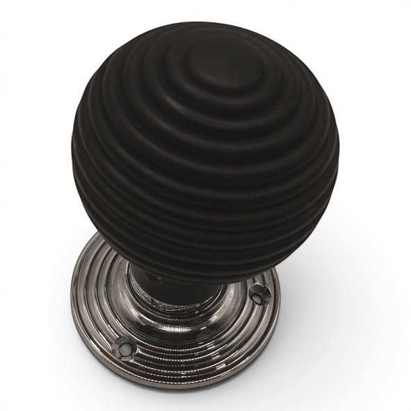 PDF1016R2/CP  Ebonised / Polished Chrome  Period Timber Round Beehive Mortice / Rim Knob Set With Ringed Roses
